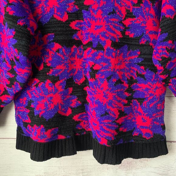 Vintage Floral Sweater Mock Turtleneck 80s 90s Neon Pink Purple Glitter Retro - Picture 8 of 15